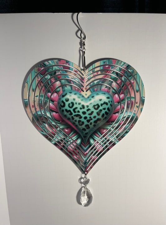 Blue and Pink Heart 8" Wind Spinner with Acrylic Crystal Beads